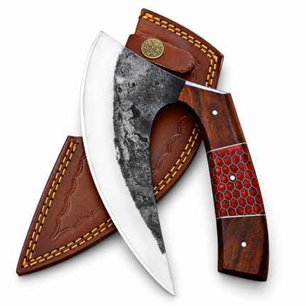 Red Honeycomb Viking Pizza Axe featuring a broad silver-edged crescent blade, blackened textured metal head and brown wood-look handle with a red hexagonal center panel.