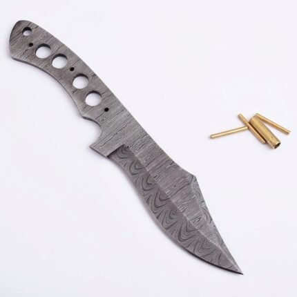 Damascus Full Tang Knife Blank with flowing grey layered patterns, an exposed metal handle featuring five large drilled holes, and brass-colored cylindrical fittings beside it.
