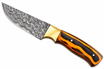 Fixed Blade Knife, Damascus Pattern Blade, Raindrop Blade Pattern, Orange Black Handle, Gold Tone Bolster, Decorative Knife, Collectible Knife, Patterned Steel Appearance, Wood Grain Look Handle, Two Tone Knife Handle, Traditional Style Knife, Curved Edge Blade, Outdoor Style Knife, Knife Collection, Collector Gift Knife