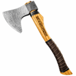 Runic Damascus Pattern Viking Axe with broad silver patterned bearded head, golden-brown rune-marked wood-look handle and black wrapped grip