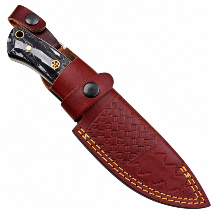 Black Marble Handle Damascus Pattern Hunting Knife with dual-textured silver blade, gold-tone pins and reddish-brown embossed sheath.