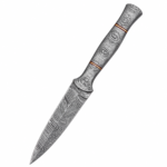 Patterned handle knife with a slim pointed blade, grey-and-silver Damascus-style markings and two red-and-gold-tone handle bands