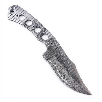 Feather-pattern knife blank with a broad pointed blade, exposed full tang, four large circular cutouts, and smaller holes