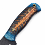 Blue Resin Handle Fixed Blade Knife with black textured blade, polished silver edge, blue-and-brown patterned grip and stitched brown sheath
