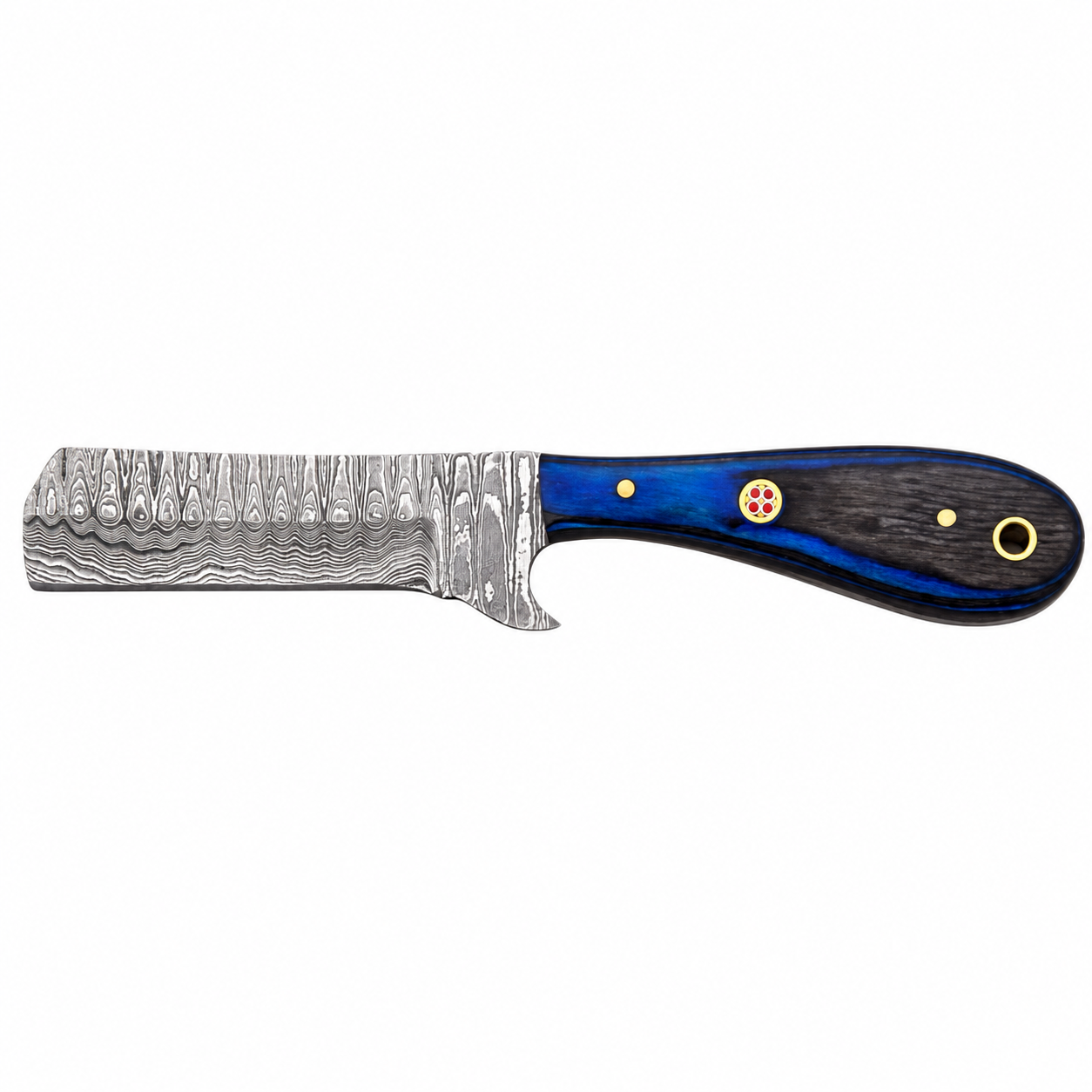 bf376890-66a9-433c-b5ca-599905791273 Blue Black Damascus Mini Cleaver Knife with broad silver-gray patterned blade, squared-off end, curved electric-blue and charcoal handle, and gold-tone pins
