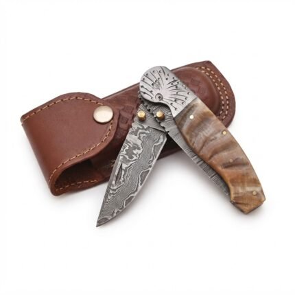 Brown Wood Handle Damascus Folding Knife with silver-gray patterned blade, engraved metal bolster and brown leather-style pouch