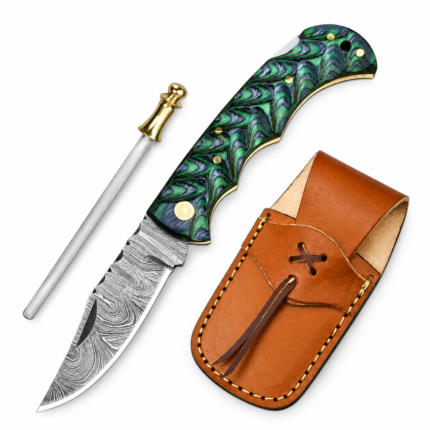 Green Black Damascus Hunting Knife with silver-gray patterned blade, curved pointed tip, green-and-black marbled contoured handle and metallic pins