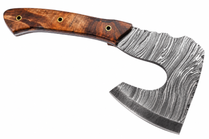 Damascus pattern Viking pizza axe with curved bearded blade, silver and dark gray patterning, brown wood-grain handle and three brass-colored pins.