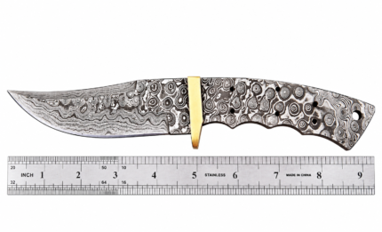 Raindrop pattern knife blank with a curved blade, exposed contoured tang, multiple mounting holes, and gold-tone guard