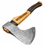 Runic Damascus Pattern Viking Axe with broad silver patterned bearded head, golden-brown rune-marked wood-look handle and black wrapped grip