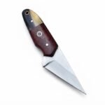 Two-tone handle fixed blade knife with silver pointed blade, reddish-brown grip, dark cream handle end and matching brown stitched sheath.