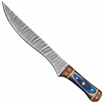 6-Piece Blue Inlay Damascus Pattern Kitchen Knife Set showing six silver wave-patterned blades with matching blue and brown decorative handles and gold-colored accents