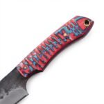 Red and Blue Handle Fixed Blade Skinning Knife with curved black and silver blade, turquoise patterned grip and orange stitched sheath