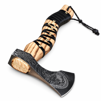 Norse Engraved Viking Axe with a dark curved head, silver knotwork and rune-like details, pale wood-grain handle, black spiral wrapping and hanging cord.
