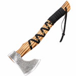 Engraved Viking Axe with ornate silver-colored head, curved golden-brown wood-look handle, black wrapping, gold-colored studs and hanging cord