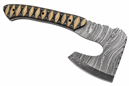 Black and Gold Viking Pizza Axe featuring a broad curved Damascus-style patterned blade, black-and-gold decorative handle and three brass-colored circular fittings.