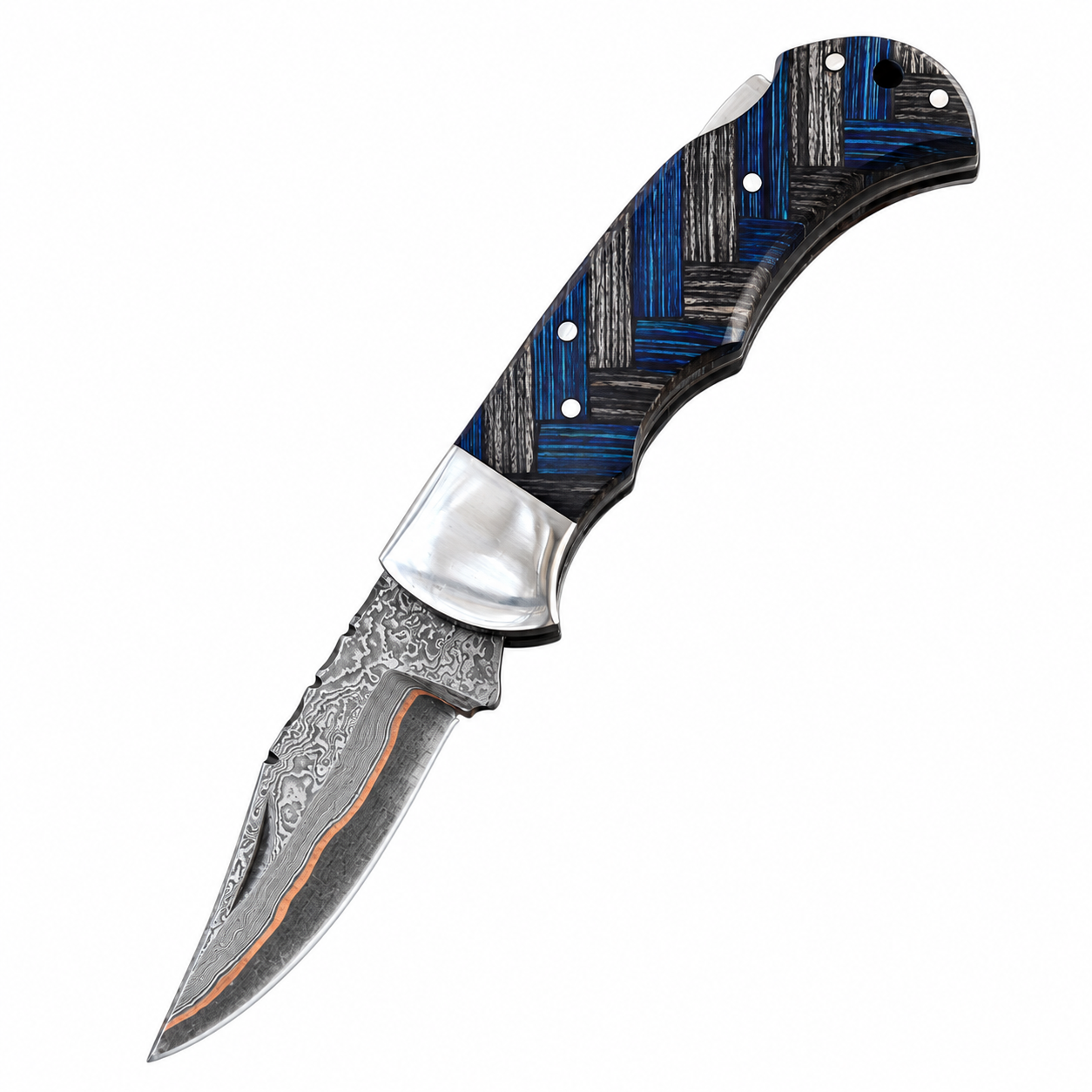Blue Carbon Damascus Folding Knife shown open with silver-gray patterned blade, copper-colored edge accent, polished bolster and blue-black woven-style handle