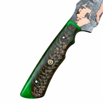 Green pinecone handle Damascus-pattern hunting knife with copper-colored blade accents, silver-gray patterning and decorative handle pins