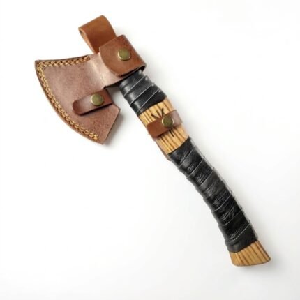 Damascus Pattern Bearded Hatchet with silver-grey curved axe head, striped brown wood-look handle, black wrapped grip and V-shaped handle marking