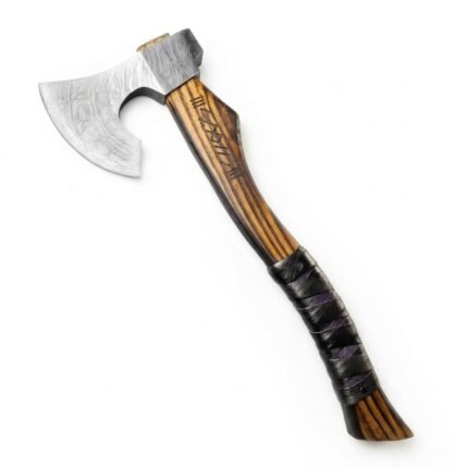 Rune Engraved Damascus Viking Axe with silver-grey patterned bearded blade, angled brown wood-grain handle, geometric engraving and black wrapped grip