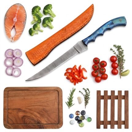 Blue Handle Patterned Chef Knife with long silver-gray swirling blade, contoured turquoise and navy finger-groove handle and metal pins