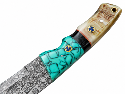 Blue Red Handle Hunting Knife with silver-gray Damascus-style patterned blade, dark navy and reddish handle, and brown stitched sheath with star-design fasteners