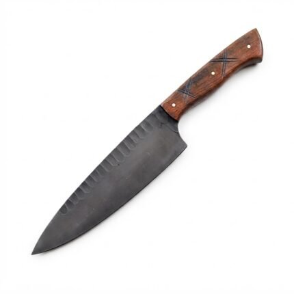 Dark Finish Fixed Blade Knife with a pointed gray blade, brown wood-grain handle with cross-line markings and tan stitched sheath