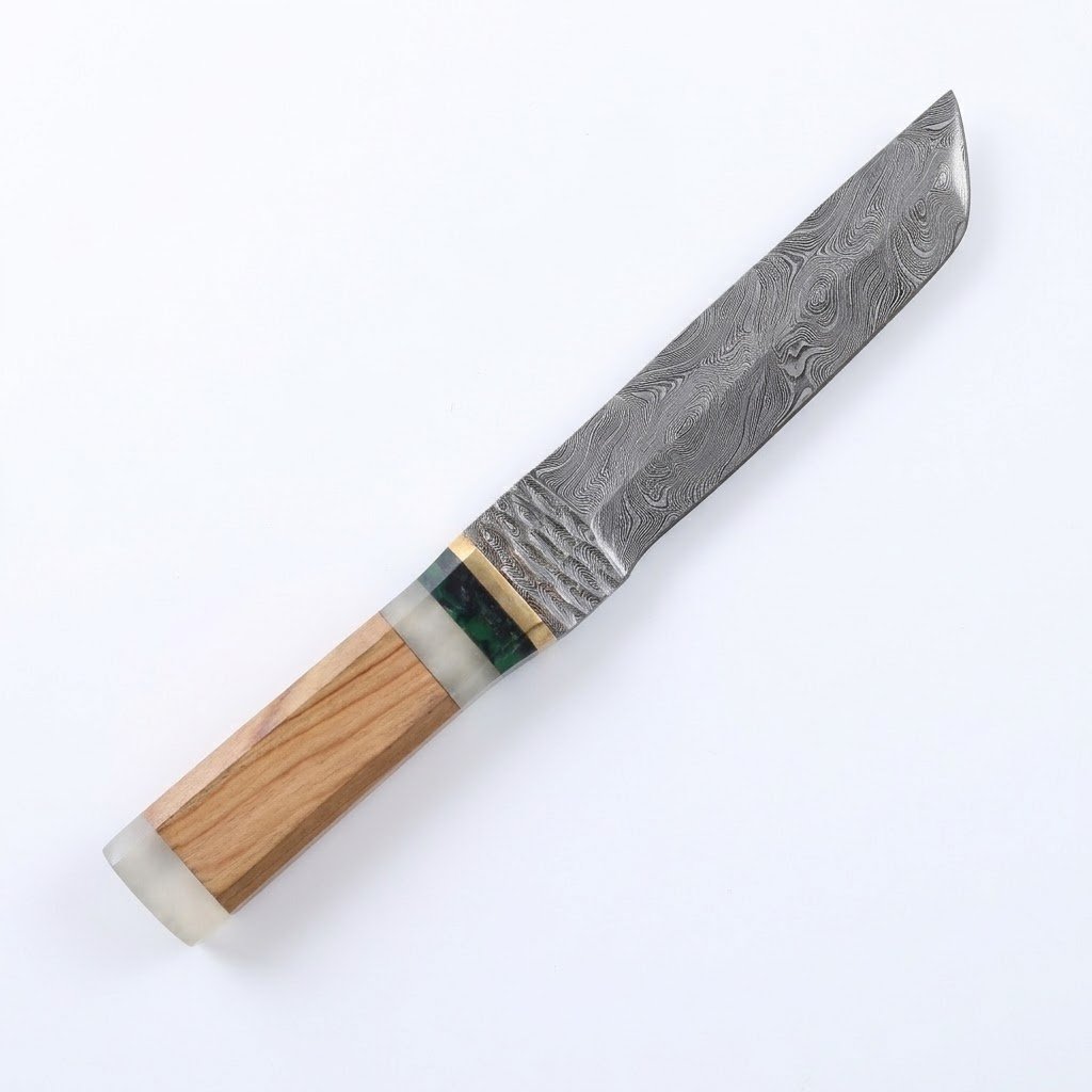 cbf806bc-a447-44b9-a4bf-0c6bbedb4651 Damascus Utility Knife featuring a silver-gray patterned blade, curved pointed tip, wooden-look handle and decorative green accents.