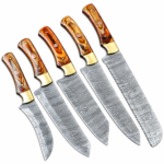 5-Piece Damascus Pattern Kitchen Knife Set showing five assorted silver-gray wave-patterned blades with brown wood-grain handles, gold-tone bolsters and circular decorative fittings