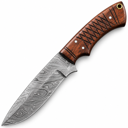 Damascus pattern fixed blade knife with a curved silver-gray patterned blade, reddish-brown wood-look handle, dark crisscross detailing and gold-rimmed lanyard hole