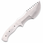 Fixed blade hunting knife blank featuring curved edge and spine notches