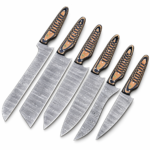 Six Piece Damascus Pattern Kitchen Knife Set displayed with six silver-gray patterned blades and matching black-and-tan decorative handles.