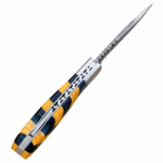 Blue Inlay Folding Pocket Knife shown open and folded with a Damascus-style patterned blade, blue-and-golden-brown geometric handle, and brown stitched pouch.