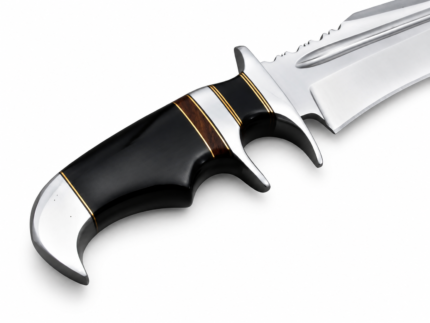 Black Handle Bowie Knife with satin-polished silver clip-point blade, recessed groove, decorative spine notches and curved metal crossguard