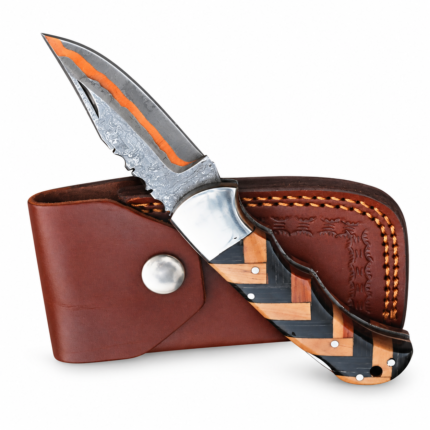 Orange Accent Damascus Pattern Hunting Knife with silver-gray pointed blade, black-and-tan geometric handle, polished bolster and brown snap-closure sheath.
