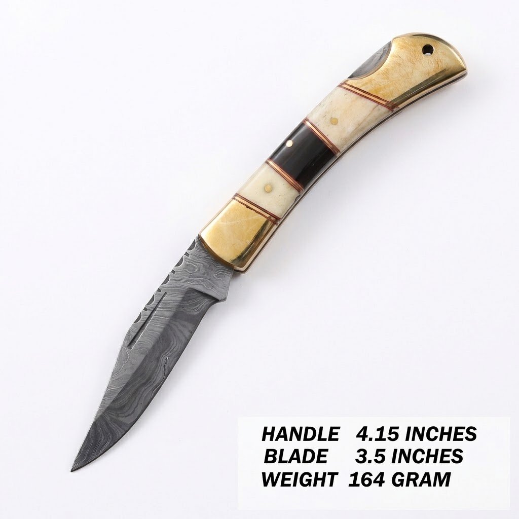 d045fb40-9c67-40b9-b895-c83ccf0bbc4c Damascus Pattern Belt Knife with a pointed silver-gray patterned blade, cream-and-black segmented handle, gold-tone fittings and brown basket-weave sheath.