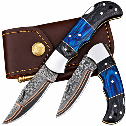Blue Handle Damascus Pattern Hunting Knife with curved pointed blade, copper-colored stripes, black and blue contoured handle, and polished silver bolster.