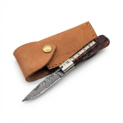 Red Black Basketweave Hunting Knife featuring a silver Damascus-style patterned blade, polished bolster, decorative red-and-black handle and stitched brown sheath.