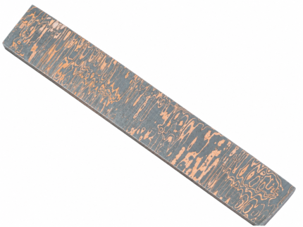 Copper Damascus Billet with flowing gray and copper-colored layered patterns, shown as a long rectangular metal bar supported by a hand