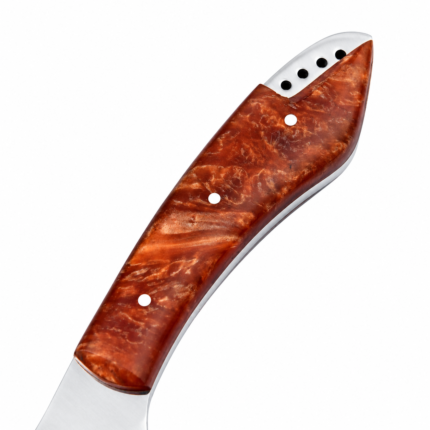 Amber Marbled Handle Knife close-up showing glossy reddish-brown grain-like swirls, three silver-colored pins, a curved metal strip and part of a silver blade.