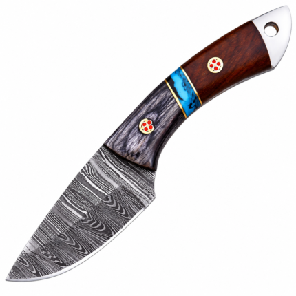Damascus pattern knife with a black and brown handle, blue centre band, two mosaic pins, and a silver-tone end with a lanyard hole.