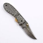 Damascus Steel Handle Folding Knife with Curved Patterned Blade, Textured Silver Metal Handle, Decorative Rivets and Brown Leather Pouch