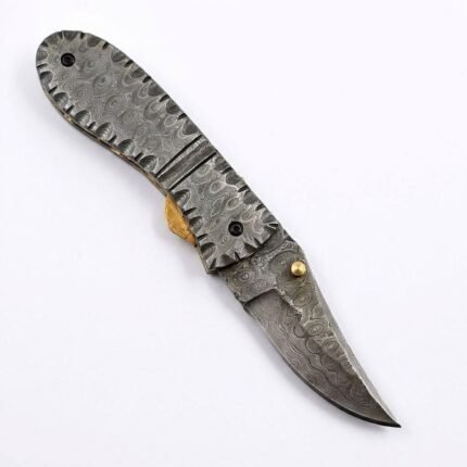Damascus Steel Handle Folding Knife with Curved Patterned Blade, Textured Silver Metal Handle, Decorative Rivets and Brown Leather Pouch