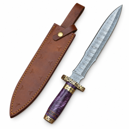 Purple Handle Damascus Pattern Dagger with a long silver patterned blade, ornate gold-tone crossguard, marbled violet grip and brown stitched sheath