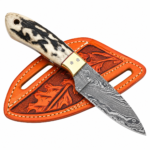 Black White Damascus Hunting Knife with Layered Wave Pattern Blade, Cream and Black Handle, Gold-Tone Bolster and Embossed Brown Leather Sheath