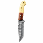 Two tone handle Damascus knife with patterned tanto-style blade, cream and brown grip, red spacer, mosaic pin, and lanyard opening