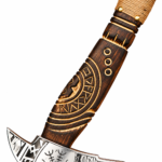 Runic Viking Axe with silver engraved Norse-style head, eight-spoked symbol, carved brown handle, tan rope wrapping and hanging cord