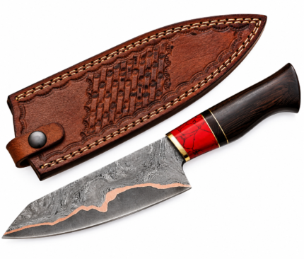 Copper Accent Damascus Pattern Knife close-up showing layered silver-gray blade details, a wavy copper-colored line, gold-tone collar and part of a red marbled handle.