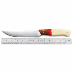 Premium curved fillet knife with polished steel-look blade, wooden grip, red accent and ivory-colored handle