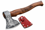 Viking Engraved Axe with silver-patterned dark metal head, long carved brown wood-grain handle and red protective sheath